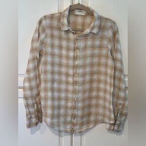 CP Shades Checkered Button Down Shirt in Tan and Cream. Small. 100% Linen